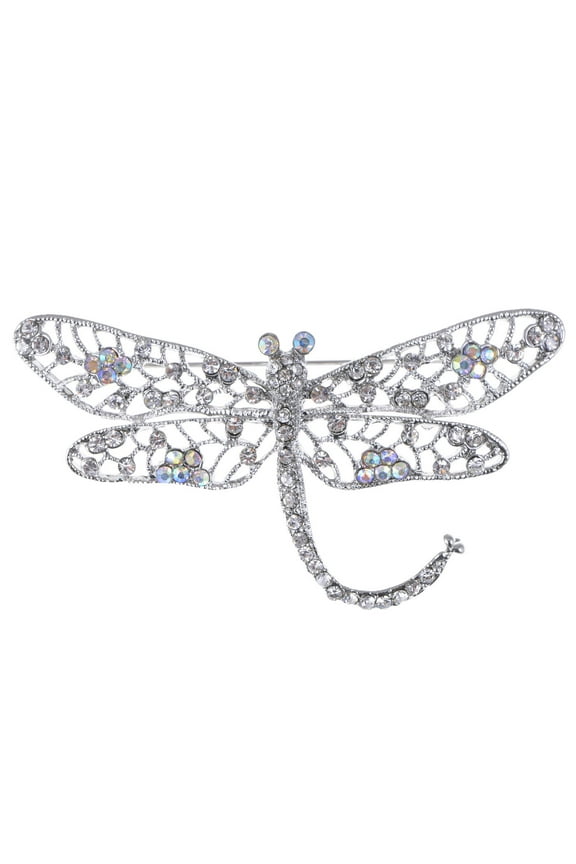 Tone Iridescent Clear Crystal Rhinestone Dragonfly Flying Insect Brooch Pin