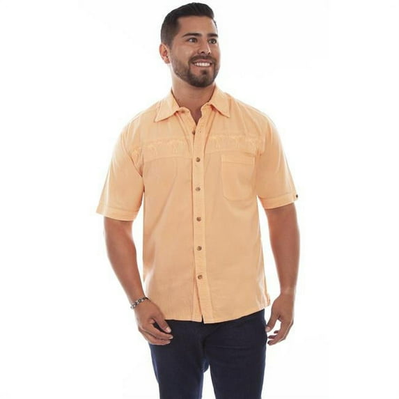 Tone-On-Tone Embroidered Mens Short-Sleeved Shirt, Papaya - 2XL