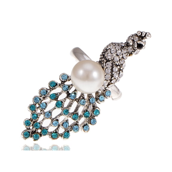 Tone Synthetic Aquamarine Crystal Rhinestone Faux Pearl Peacock Bird Adjustable Ring