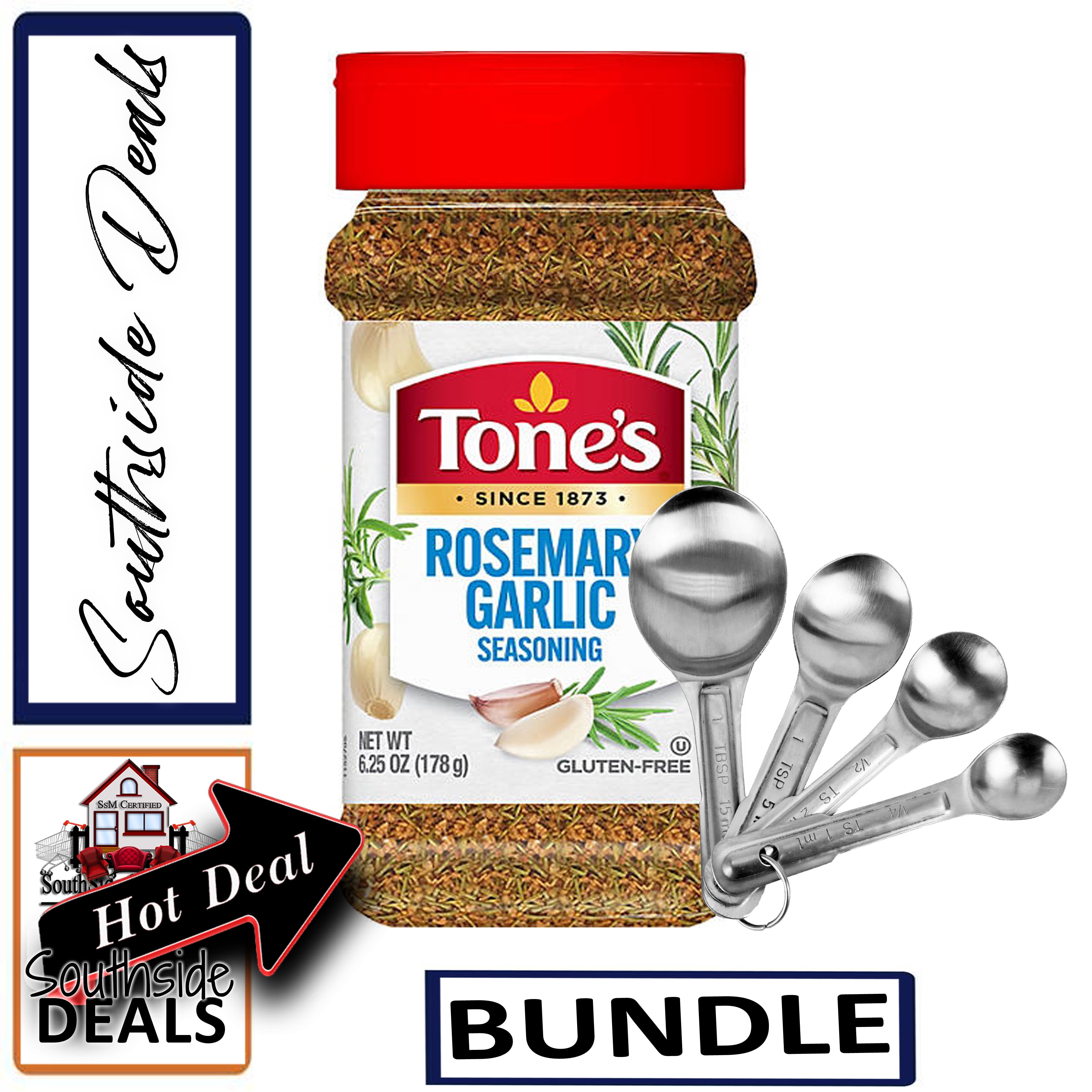 Tone's Rosemary Garlic Seasoning, 6.25 Ounces with a set of Stainless