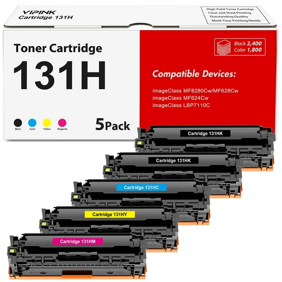 VIPink 131 131H Toner Cartridge Replacement Compatible for Canon Cartridge 131 131H imageClass MF624Cw MF628Cw MF8230Cn MF8280Cw LBP7100Cn Printer (2 Black, 1 Cyan, 1 Yellow, 1 Magenta, 5-Pack)
