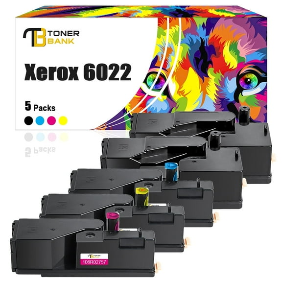 Toner Bank 5-Pack 6022 Toner Cartridge Compatible for Xerox Phaser 6022 WorkCentre 6027 Printer Ink (2 Black 106R02759 1 Cyan 106R02756 1 Magenta 106R02757 1 Yellow 106R02758)
