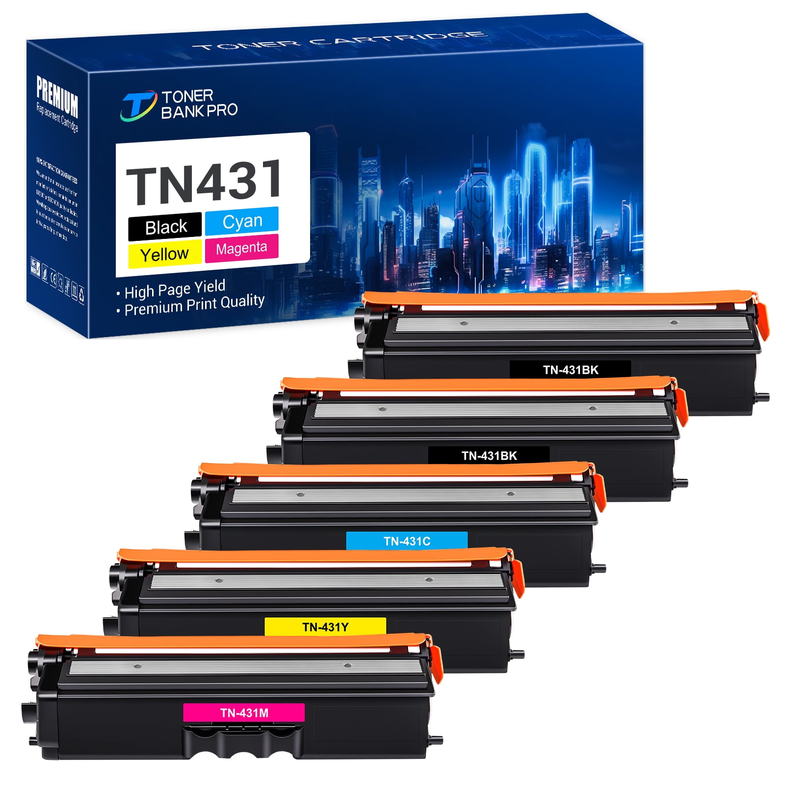 Toner Bank 4-Pack Compatible Toner Cartridge Replacement for Brother TN-431 TN-431BK TN-431C TN-431M TN-431Y HL-L8260CDW L8360CDW L8360CDWT MFC-L8610CDW L8900CD Black, Cyan, Magenta, Yellow