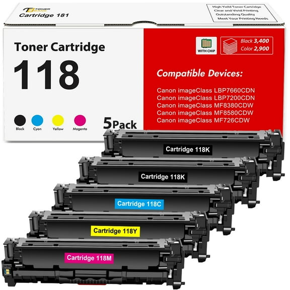 118 CRG-118 5-Pack Toner Compatible for Canon 118K imageClass MF726CDW MF8580CDW (2 * Black, Cyan, Yellow, Magenta)