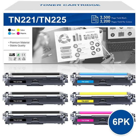 VIPink 6-Pack Compatible Toner for Brother TN-225 HL-3140CW 3142CW 3150CDW 3152CDW 3170CDW 3172CDW MFC-9130CW 9140CDN 9330CDW 9340CDW DCP-9020CDW 3x Black, Cyan, Magenta, Yellow