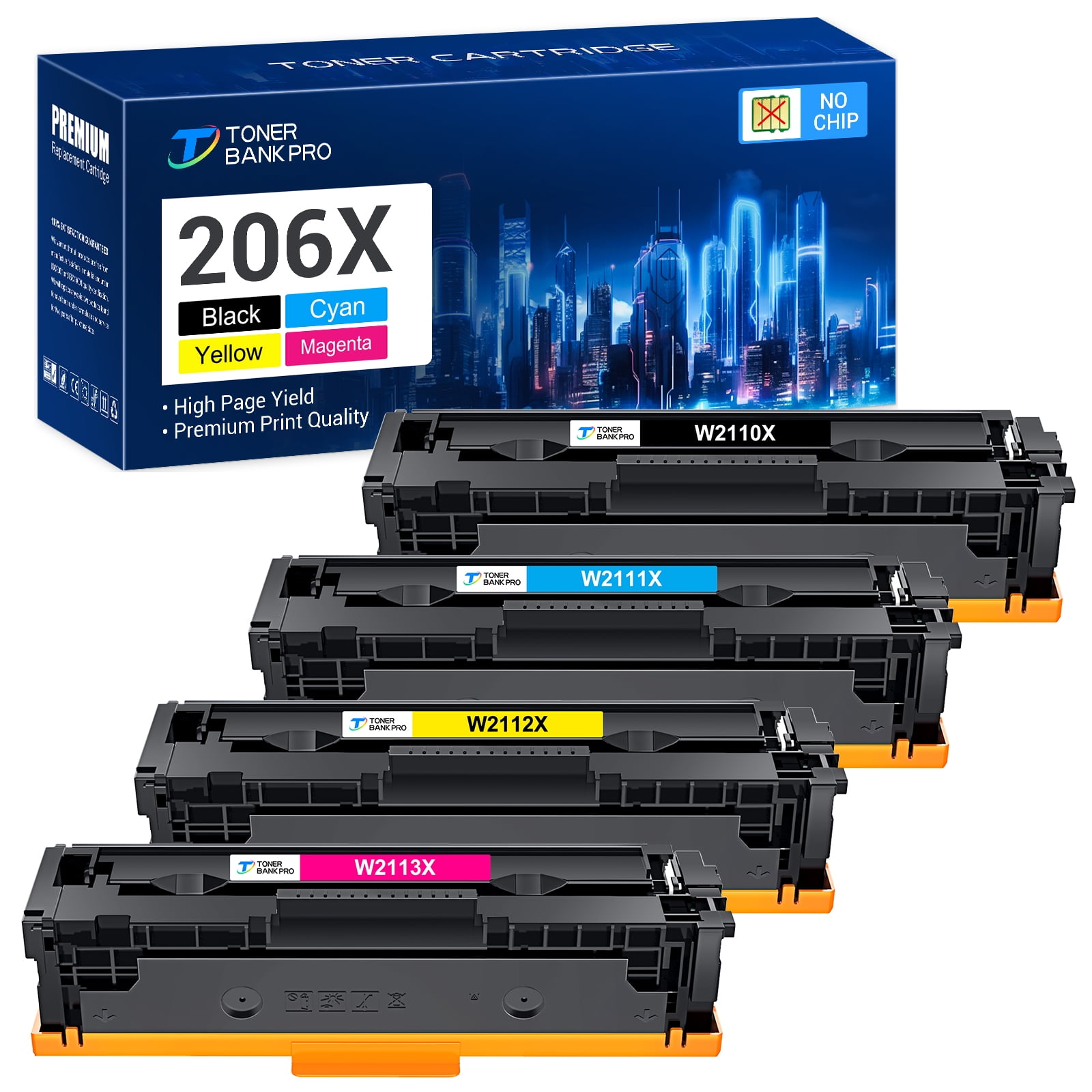 Toner Bank Compatible 206X Toner Cartridge NO CHIP for HP 206X W2110X  W2111X W2113X W2112X High Yield (Black, Cyan, Magenta, Yellow, 4-Pack)