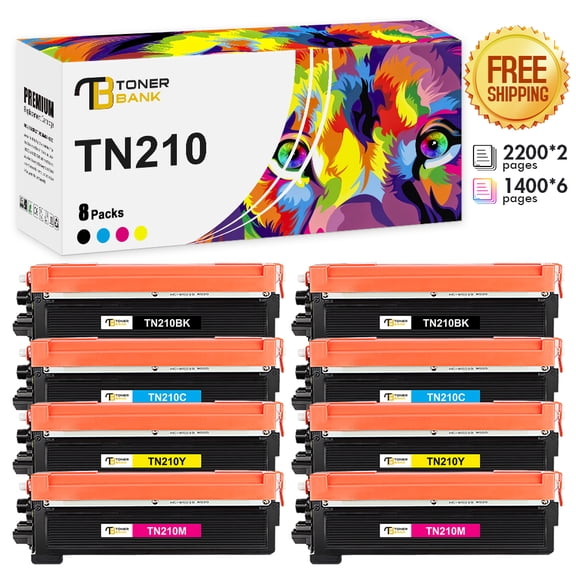 Toner Bank Compatible for Brother TN210 Toner Cartridge Replacement for Brother TN 210 TN-210BK TN-210C TN-210M TN-210Y High Yield Ink (2 * Black, 2 * Cyan, 2 * Magenta, 2 * Yellow, 8-Pack)
