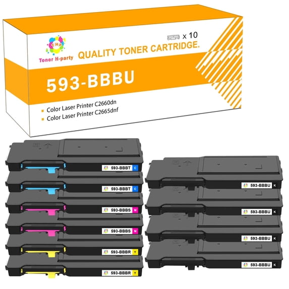 Toner H-Party 10-Pack Compatible Toner Cartridge for Dell 593-BBBU 593-BBBT 593-BBBS 593-BBBR Used with Dell Color Laser Printer C2660dn C2665dnf Printer Ink 4*Black, 2*Cyan, 2*Magenta, 2*Yellow