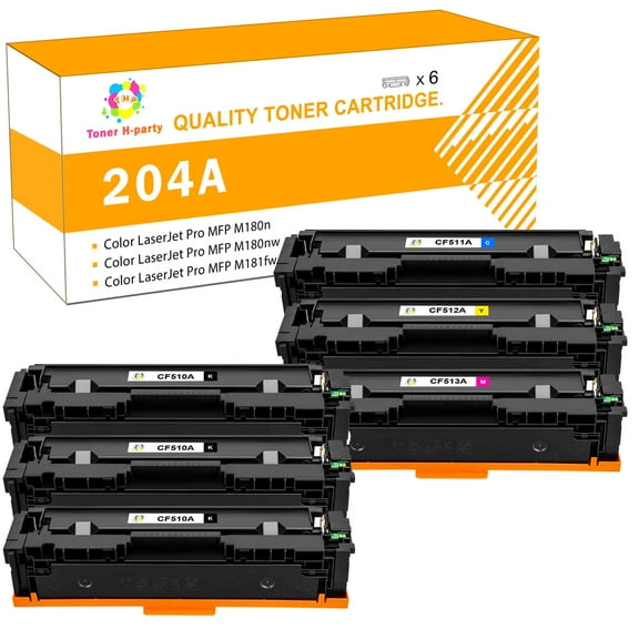 Toner H-Party 6-Pack Compatible Toner Cartridge for HP CF510A CF511A CF512A CF513A Color LaserJet Pro M154a M154nw, Pro MFP M180n M180nw M181fw Printer Ink (3x Black, Cyan, Magenta, Yellow)