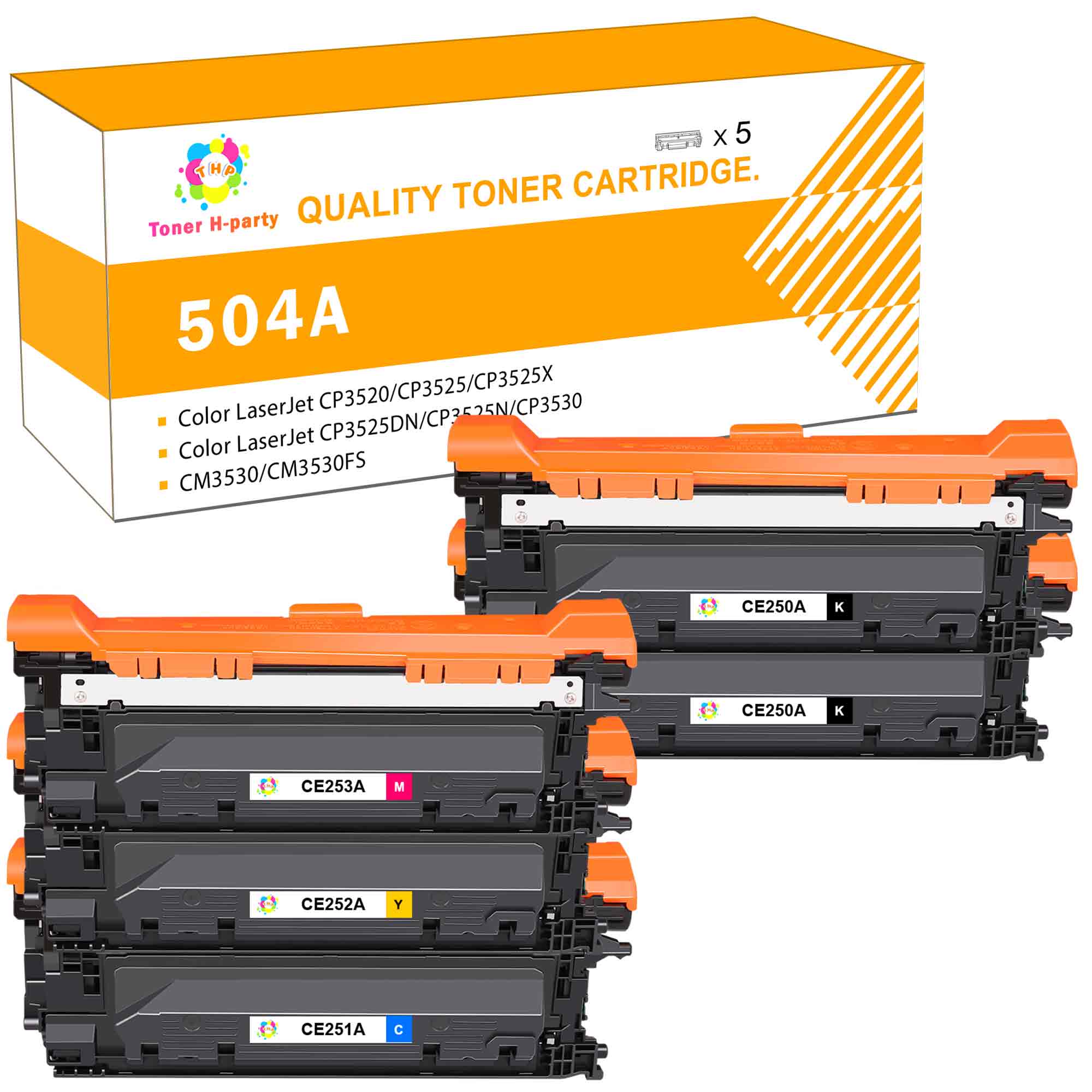 Toner H-Party Compatible Toner Cartridge for HP CE250A CE251A CE252A CE253A Color LaserJet CP3520 CP3525 CP3525X CP3525DN CP3525N CP3530, CM3530 CM3530FS (2*Black,Cyan, Magenta, Yellow,5-Pack) - image 1 of 7