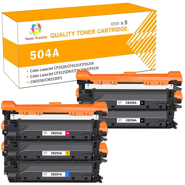 Toner H-Party Compatible Toner Cartridge for HP CE250A CE251A CE252A CE253A Color LaserJet CP3520 CP3525 CP3525X CP3525DN CP3525N CP3530, CM3530 CM3530FS (2*Black,Cyan, Magenta, Yellow,5-Pack)