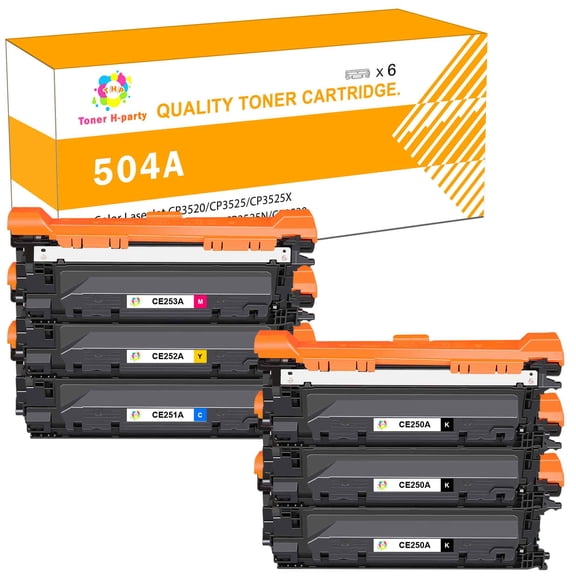 Toner H-Party Compatible Toner Cartridge for HP CE250A CE251A CE252A CE253A Color LaserJet CP3520 CP3525 CP3525X CP3525DN CP3525N CP3530, CM3530 CM3530FS (3x Black,Cyan, Magenta, Yellow,6-Pack)