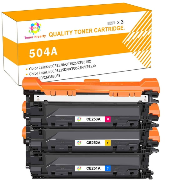 Toner H-Party Compatible Toner Cartridge for HP CE251A CE252A CE253A Use with Color LaserJet CP3520 CP3525 CP3525X CP3525DN CP3525N CP3530, CM3530 CM3530FS (Cyan, Magenta, Yellow,3-Pack)