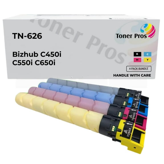 Toner Pros Replacement Toner Cartridge Compattible for Konica Minolta TN-626 (TN626K, TN626C, TN626M, TN626Y) – High Yield 4-Color Pack for Bizhub C450i, C550i, C650i Printers – 28,000 Pages Each