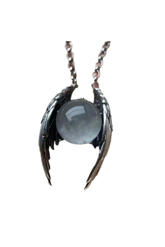 Vintage Wing Pendant Necklace, Antique Silver Angel Wing Chain with Natural Clear Quartz Sphere, Gothic Daily Neck Jewelry for Adults