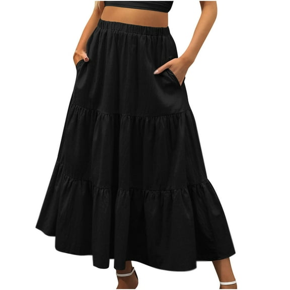 TongDaShi womens summer dresses maxi Fashion Women Solid Casual Pocket Ruched Ruffles Elastic Waist Skirts