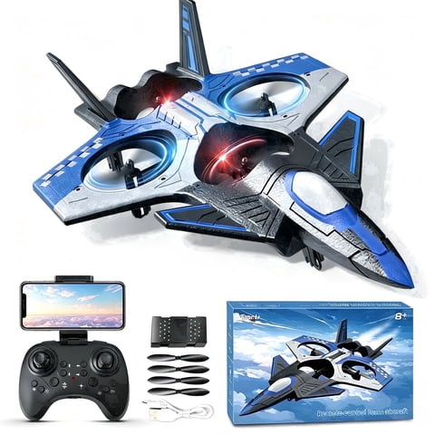 TongLi Camera RC EPP Fighter Drone, Anti-Fall Stunt VTOL Aircraft, Color LED, 30cm, Rechargeable, Age 14+, Blue Gift Box Toy