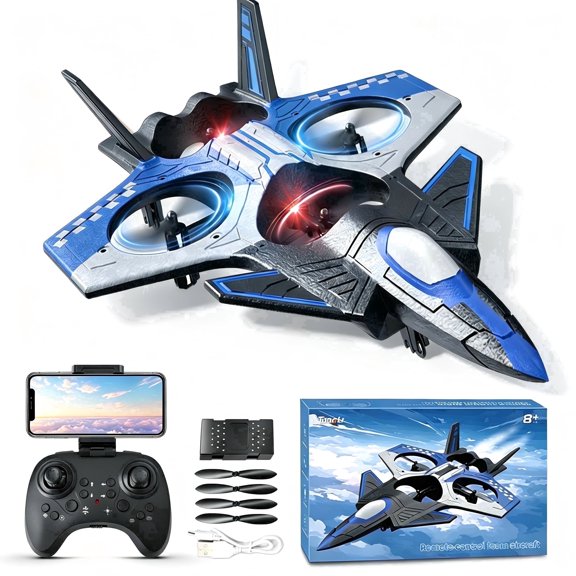 TongLi Camera RC EPP Fighter Drone, Anti-Fall Stunt VTOL Aircraft, Color LED, 30cm, Rechargeable, Age 14+, Blue Gift Box Toy