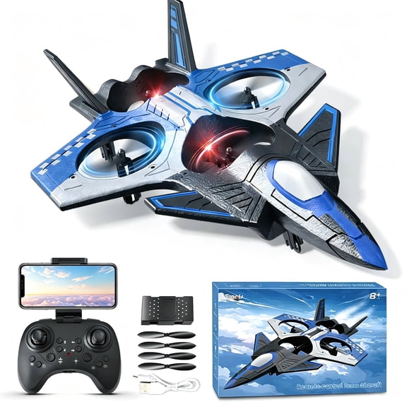TongLi RC Fighter Drone with Camera, EPP Anti-Fall Stunt Aircraft, Vertical Takeoff & Colorful LED Lights, 30cm, Gift Box for Kids, Blue