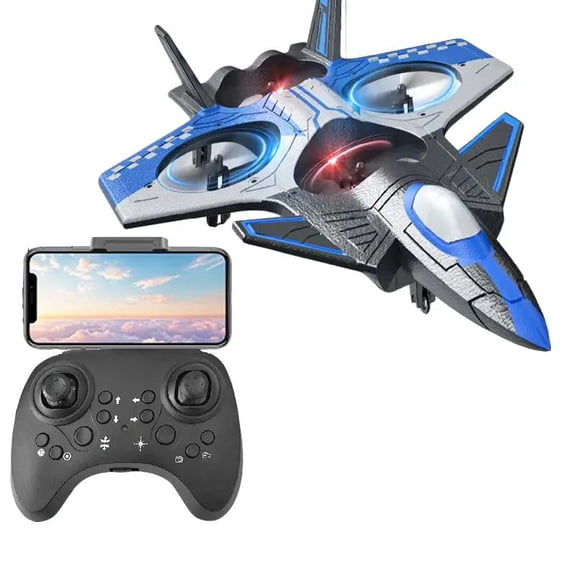 TongLi RC Fighter Drone with Camera, EPP Anti-Fall Stunt Aircraft, Vertical Takeoff & Colorful LED Lights, 30cm, Gift Box for Kids, Blue