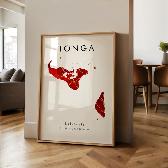 Tonga Map PRINTED Poster Red and Gold Oceania Wall Art Print Home Decor Geography Map Gift
