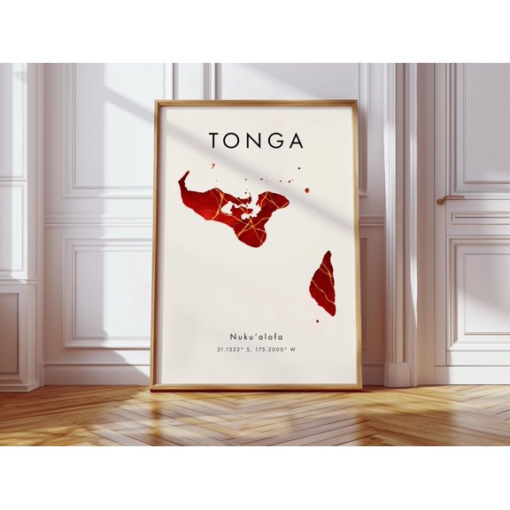 Tonga Map Poster Red and Gold Oceania Wall Art Print Home Decor Geography Map Gift