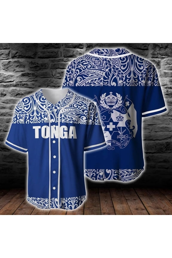 Tonga Polynesian Blue And White Baseball Jersey Shirt 3D All Over Printed Shirts hip hop T