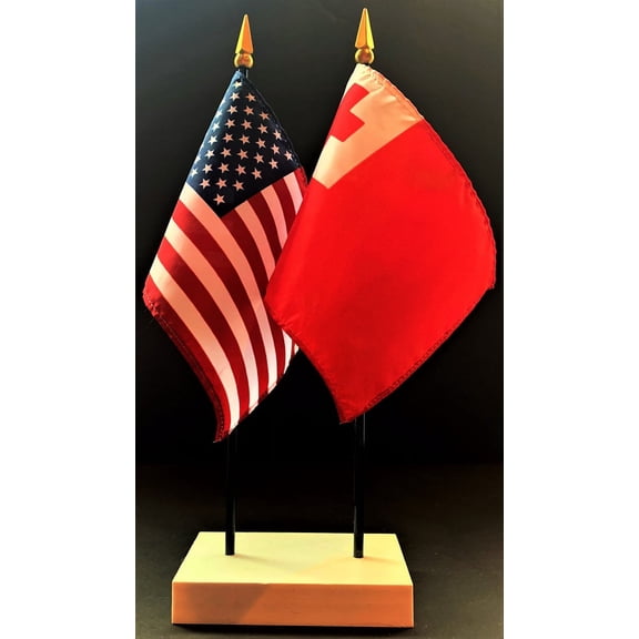 Tonga Table Flag Set; One USA and International Rayon 4x6 inch Flag Plus a White Base