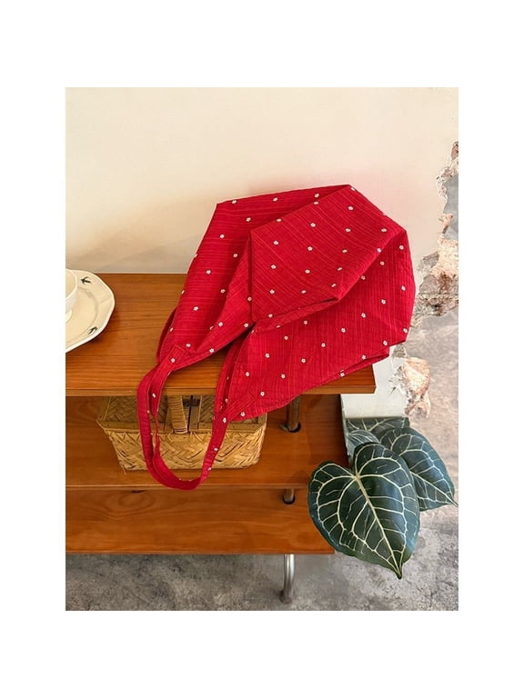 Tonghao Korean Polka Dot Red Canvas Tote Bag for Women