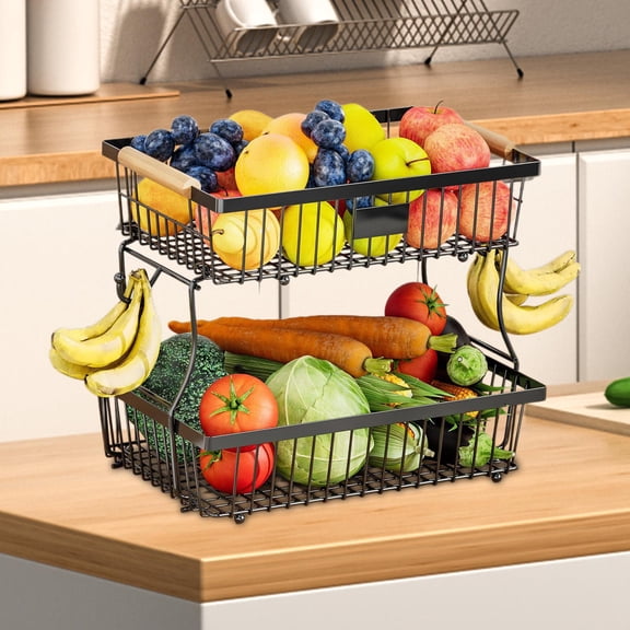 Tongina 2 Tier Fruit Basket Storage Basket Fruits Modern Large Capacity Iron Tiered Rack Iron Fruit Basket for Living Room Restaurant