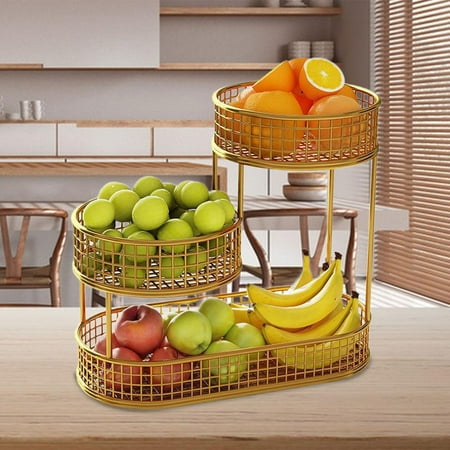 Tongina 3 Tier Fruit Basket Fruit Bowl Kitchen Countertop Rack Multipurpose Bread Basket Vegetable Rack for Veggie Fruit Potato Table Gold