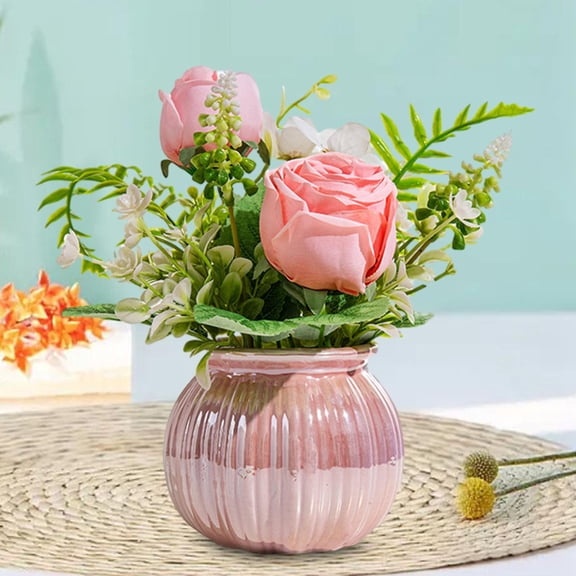 Tongina Artificial Potted Rose Flower Ceramic Vase Floral Arrangement Table Centerpiece Height 21cm for Wedding Spring Decor Lifelik