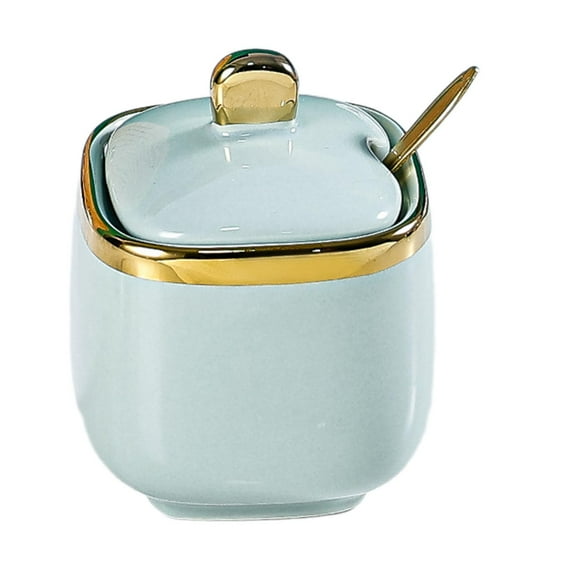 Tongina Ceramic Sugar Bowl Container with Lid and Spoon Spice Seasoning Box Ceramic Condiment Pot Condiment Jar for Counter Green