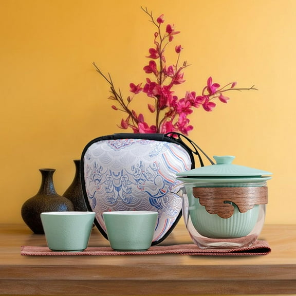 Tongina Chinese Tea Set Kung Fu Tea Pot with Portable Bag Teaware Teapot and Cups for Business Outdoors Climbing Housewarming Friends green