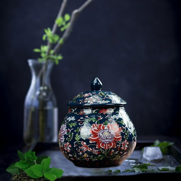 Tongina Chinese Temple Jar, Ceramic Storage Jar with Sealed Lid, Round Ginger Jar, Decorative Jar for Home, Dining Table Decoration Blue
