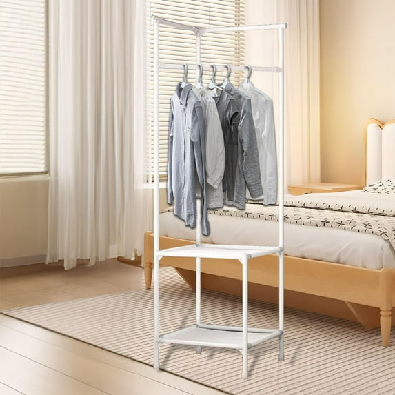 Tongina Coat Rack Storage Shelf Floor Bedroom Shelf Closet Organizer Dressing Room Wardrobe Clothes Garment Rack Clothes Hanger Stand Two Layer White