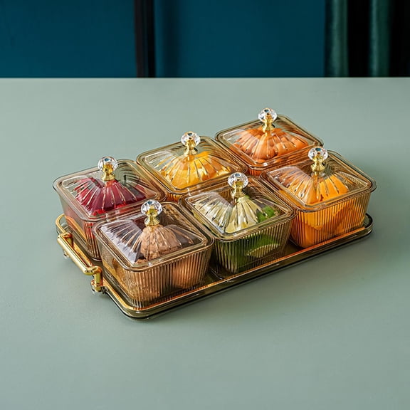 Tongina Dried Fruit Plate Candy Nuts Dish with Lid Luxury Food Storage Box Appetizer Serving Tray Divided Serving Platter for Wedding amber 6 grid