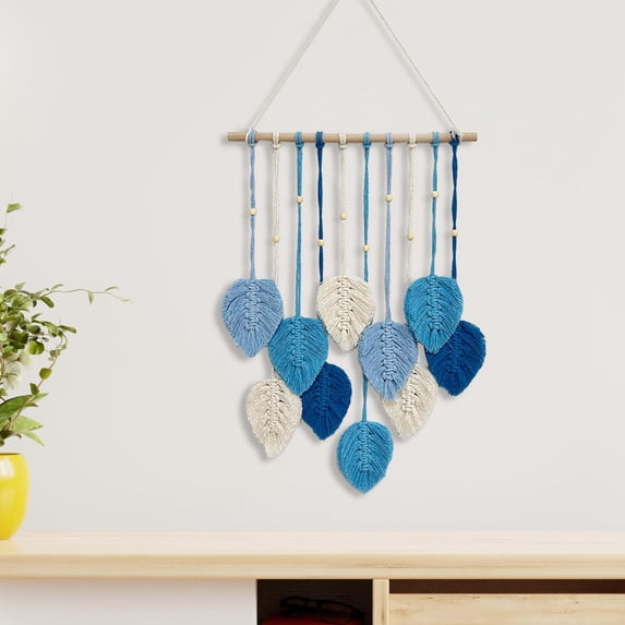 Tongina Macrame Wall Hanging Woven Tapestry Chic Decoration Handmade,Rope Background Leaf Tassels Wall Decor for Bedroom Dorm Wedding Blue