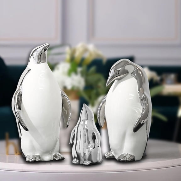Tongina Penguin Figurine Ceramic Creative Ornament Art Works Animal Sculpture Home Decoration for Table Centerpieces Desktop Bookcase Argent Family