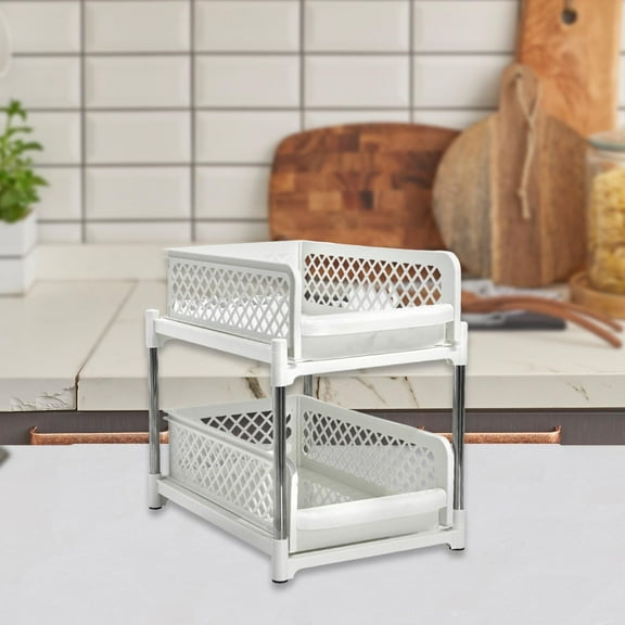 Tongina Pull Out Cabinet Organizer Storage Rack 2 Layer Slide Out Drawers Multifunctional Storage Shelf Bathroom Shelf Pantry Kitchen White