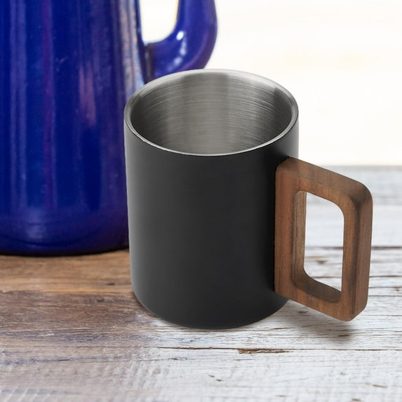 Tongina Stainless Steel Coffee Mug Espresso Mug Double Wall (No Lid) with Walnut Wood Handle Latte Cappuccino Mug Milk Mug for Office Black