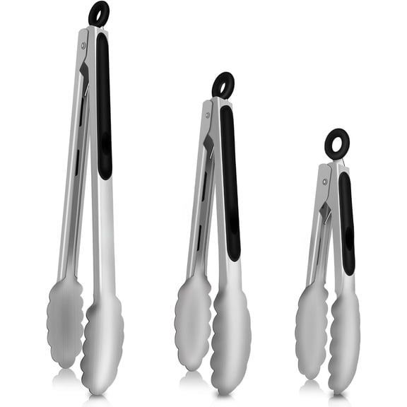 Heat Resistant 600F Stainless Steel Kitchen Tongs, Heavy Duty Metal Locking Tongs for Food, Salad & BBQ, Set of 3 (7", 9", 12"), Dishwasher Safe