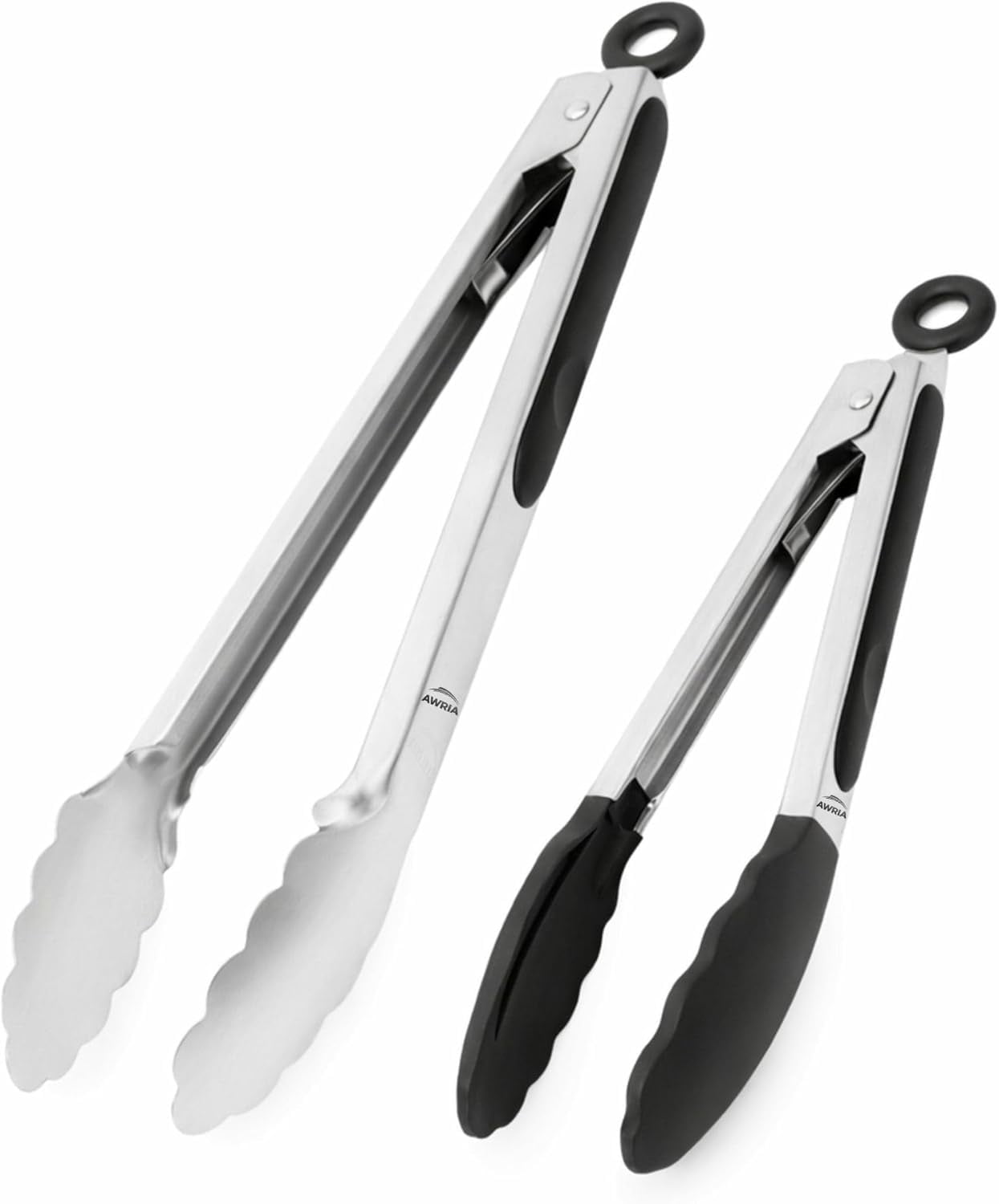 Tongs for Cooking Heat Resistant Kitchen Set Stainless Steel & Serving Metal Silicone Tip Locking 9” 12” BBQ Salad Grill Air Fryer Black Dishwasher Safe