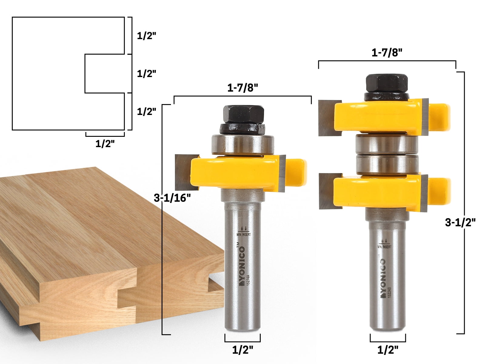 Tongue & Groove Router Bit Set - 1-1/2" Stock - 1/2" Shank - Yonico 15224