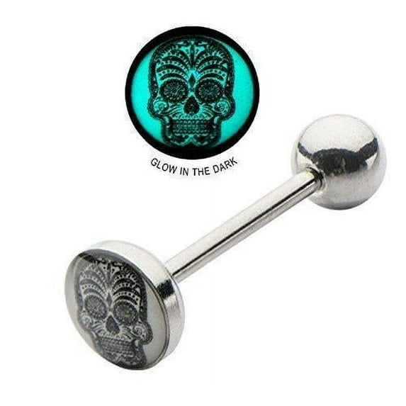 Tongue Ring 316L Surgical Steel Barbell 14g 5/8 8mm Glow in Dark Sugar Skull