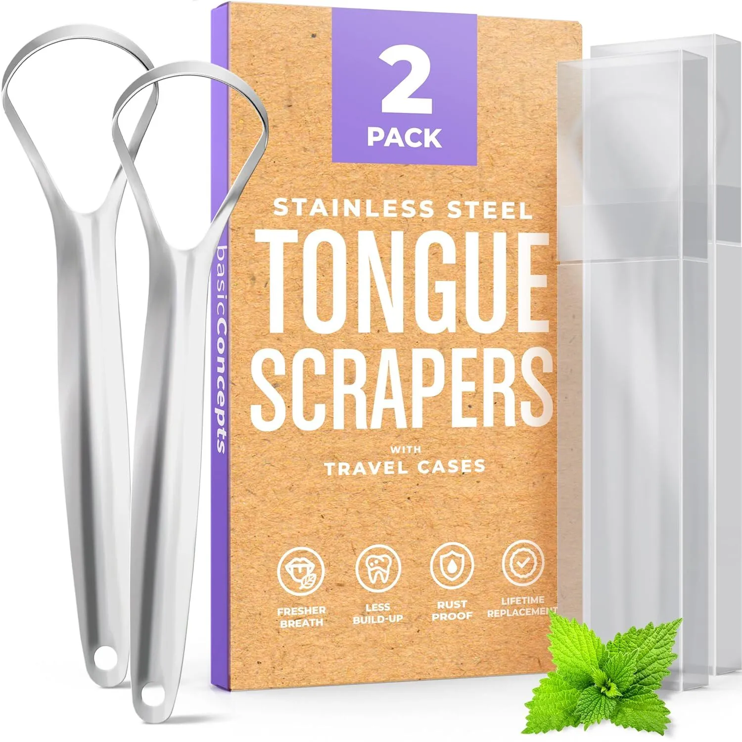 Tongue Scraper for Adults (2 Pack), Reduce Bad Breath Tongue Cleaners,100% Metal