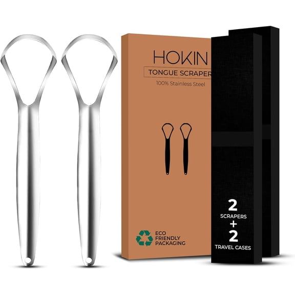 Tongue Scraper for Adults with Travel Cases (2Pcs Oral Care Pack) - 100% Metal Spoon Shaped Tongue Cleaners, Tough Scrapers for Oral Hygiene