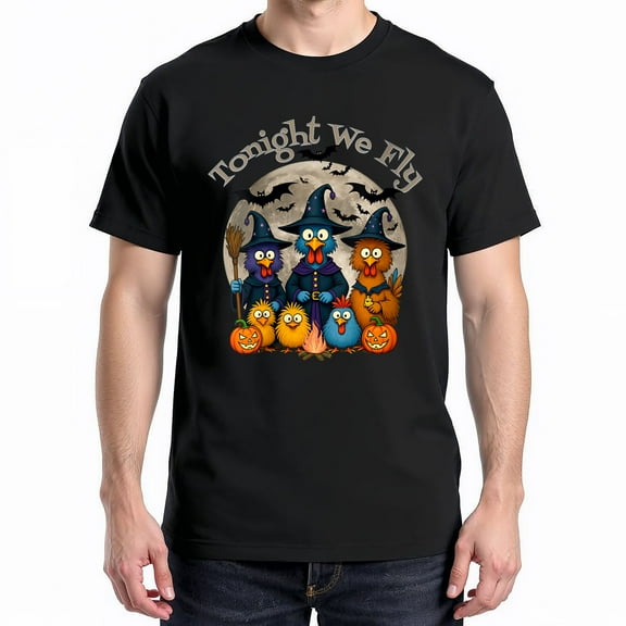 Tonight We Fly Halloween Witch Crazy Chickens T-Shirt – Halloween Humor Theme – Festive Celebration Wear