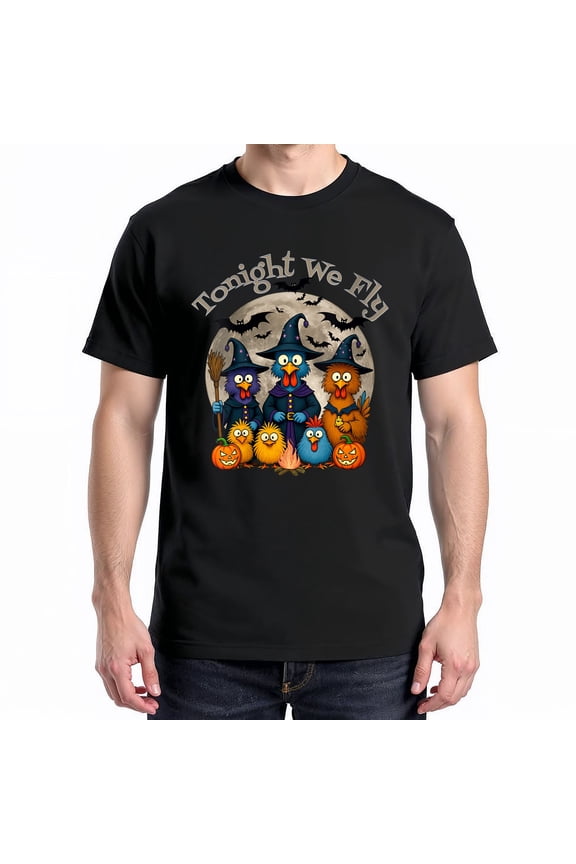 Tonight We Fly Halloween Witch Crazy Chickens T-Shirt  Halloween Humor Theme  Festive Celebration Wear