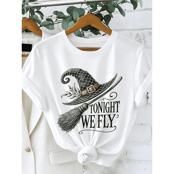 Tonight We Fly T-Shirt Witch Hat Broom Halloween Tee Orange Spooky Top